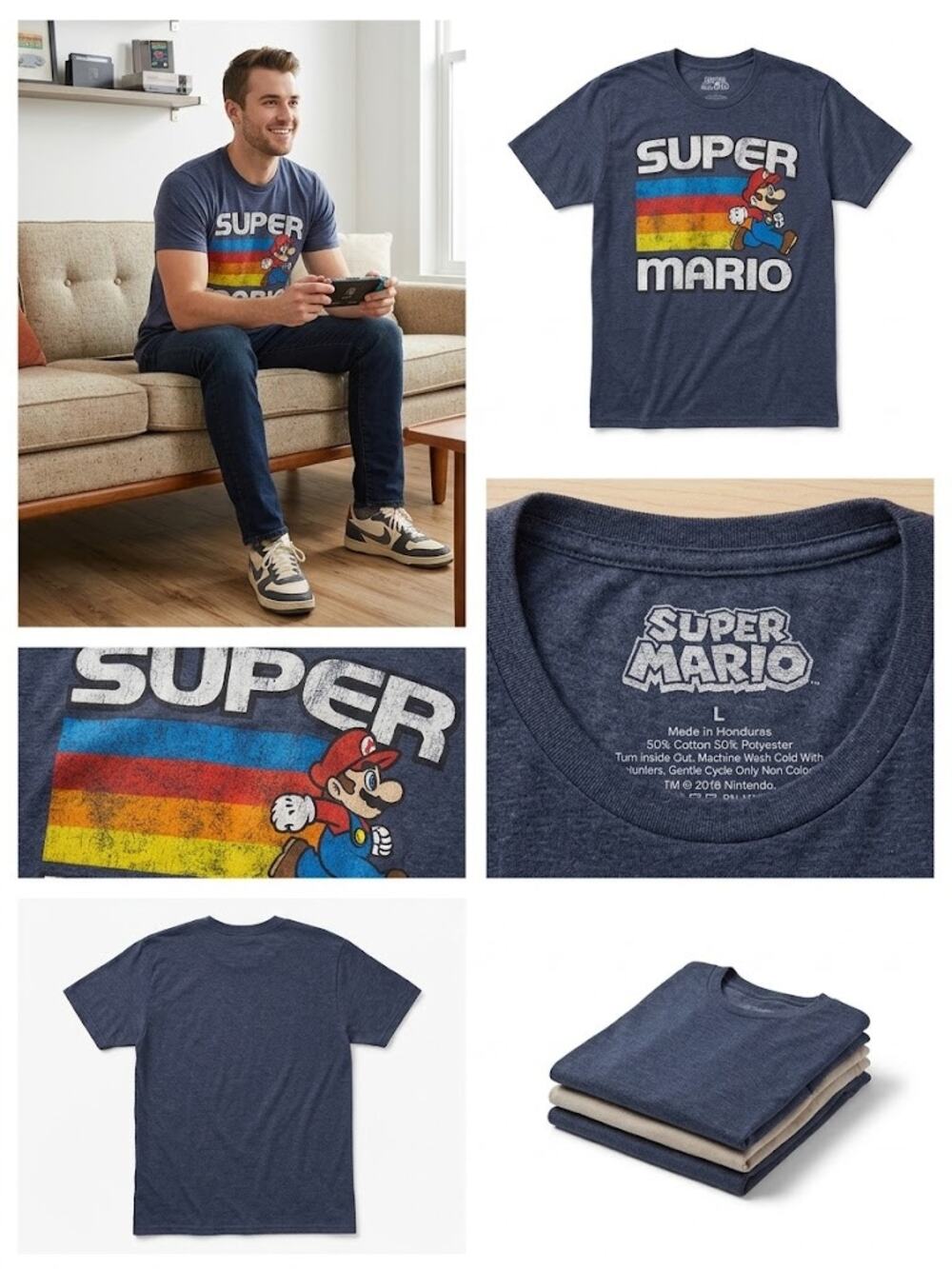Super Mario Men’s Large Retro Rainbow Graphic T-Shirt Blue Nintendo Tee